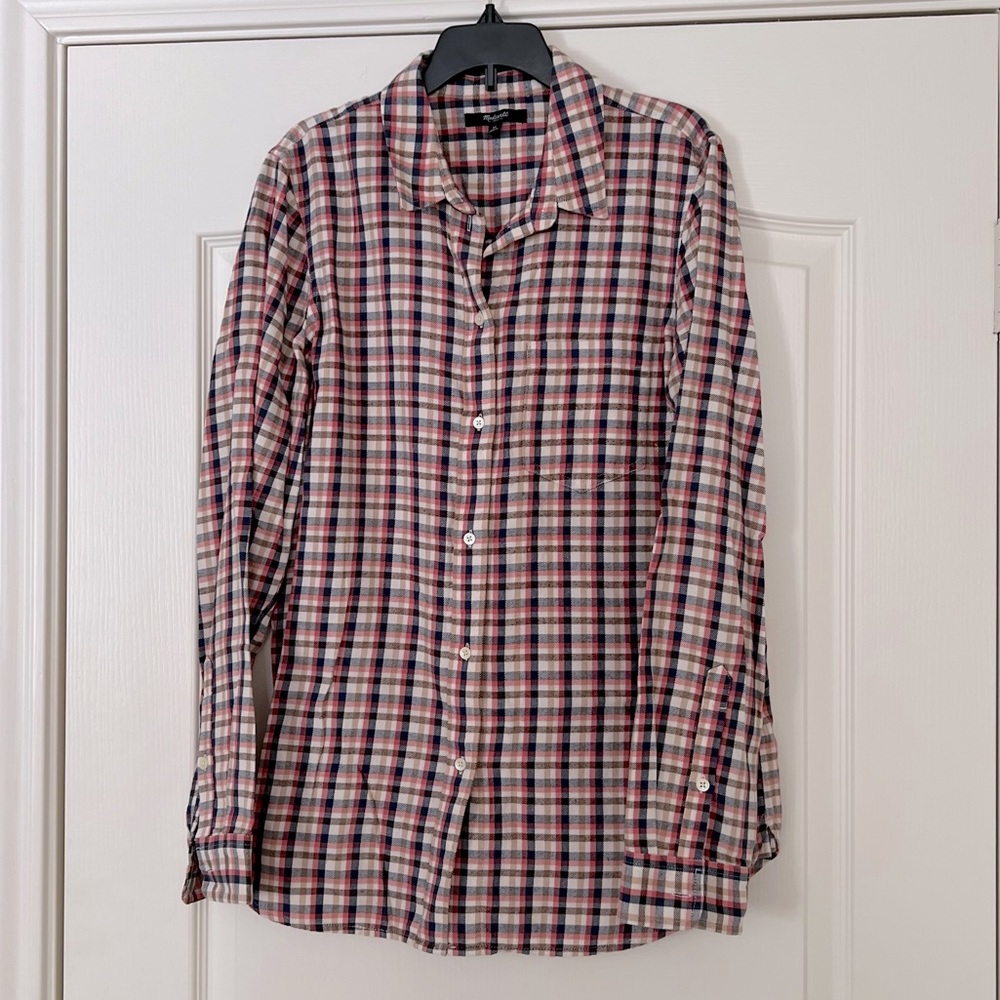 Womens Madewell Plaid Flannel Button Down Shirt pink blue tan size M